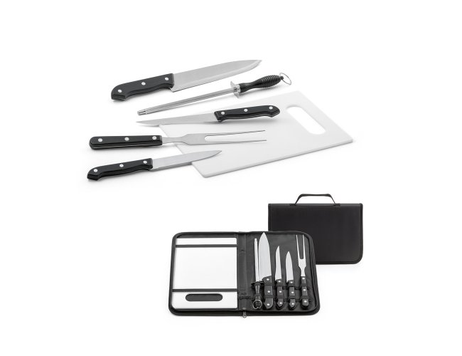 BOTALY. Kit churrasco em estojo de nylon 210D com tbua em PP e 5 utenslios em ao inox e PP