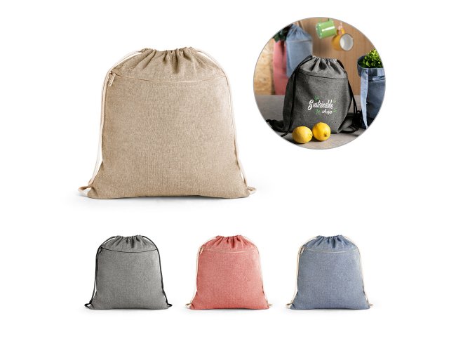 CHANCERY. Sacola tipo mochila eem 70% algodo reciclado e 30% polister reciclado sem tingimento (140 g/m)