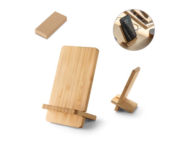 LANGE. Carregador wireless super rpido e suporte em bambu para smartphone 10 W