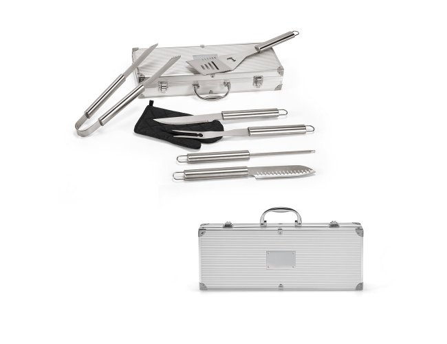 MACE. Kit churrasco em estojo de alumnio com luva de cozinha em polister e 6 utenslios em ao inox