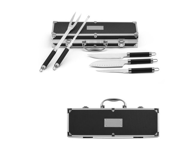 VALASTRO. Kit churrasco em estojo de alumnio com 5 utenslios em ao inox e alumnio